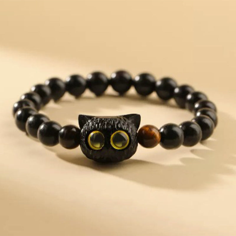 Nimara Ritual Cute Ebony Wood Cat Head Pattern Peace Bracelet