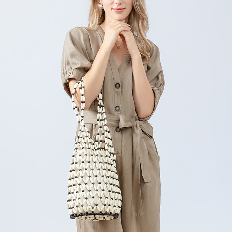 Nimara Ritual Hand-woven Wooden Beads Bucket Shoulder Bag Handbag