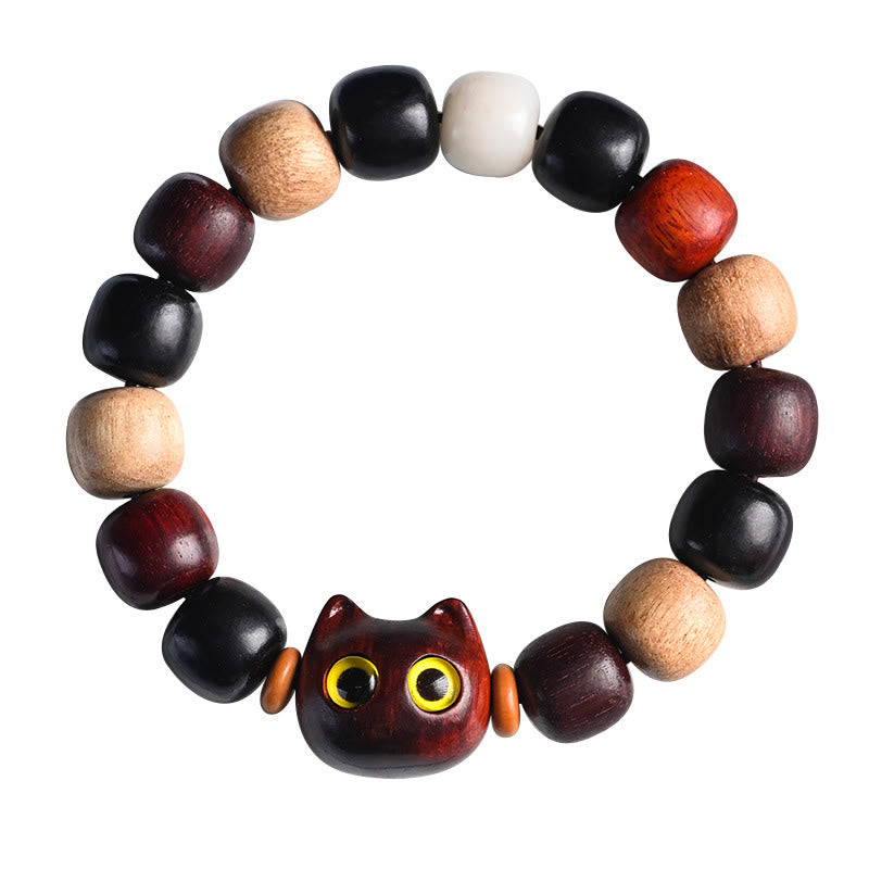 Nimara Ritual Small Leaf Red Sandalwood Ebony Wood Cute Cat Engraved Protection Bracelet