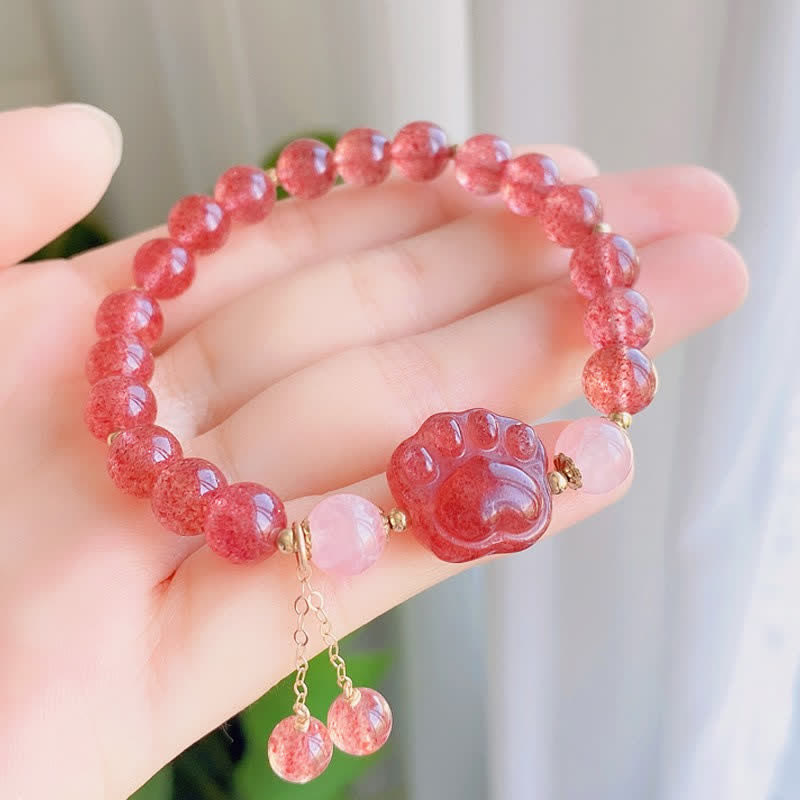 Nimara Ritual Natural Strawberry Quartz Pink Crystal Lucky Cat Paw Love Bracelet