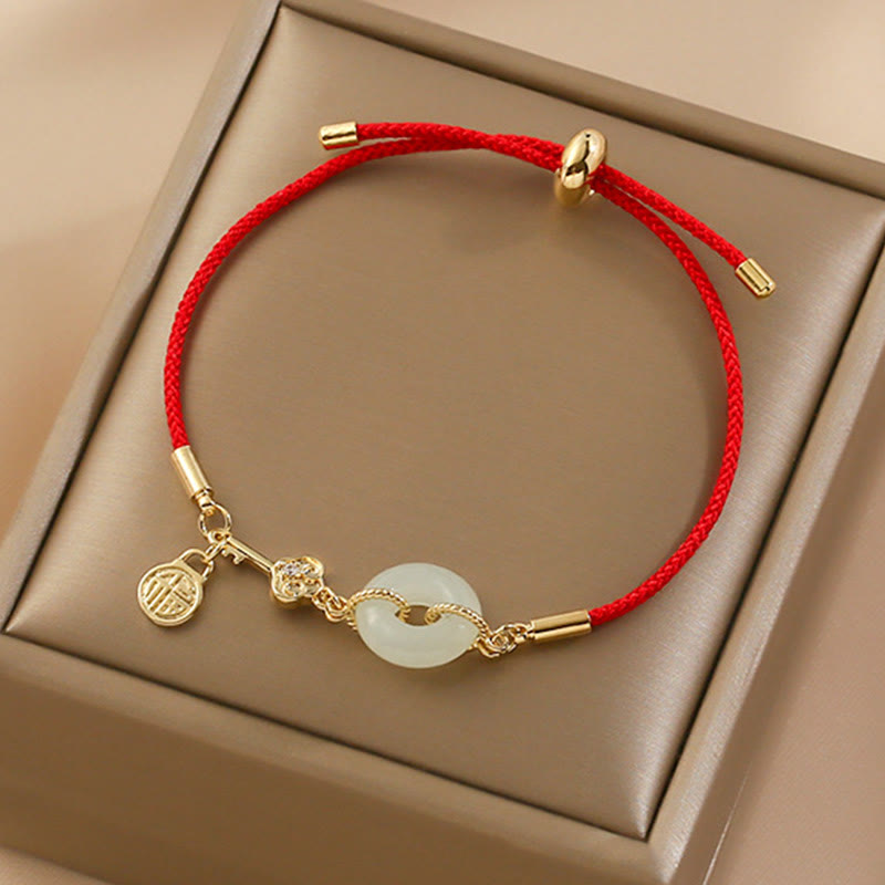 Nimara Ritual 18K Gold Plated Hetian Jade Peace Buckle Fu Character Luck Red Rope Bracelet
