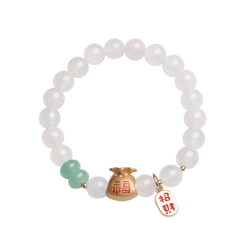 Nimara Ritual Natural White Agate Red Agate Money Bag Fu Character Four Leaf Clover Protection Bracelet