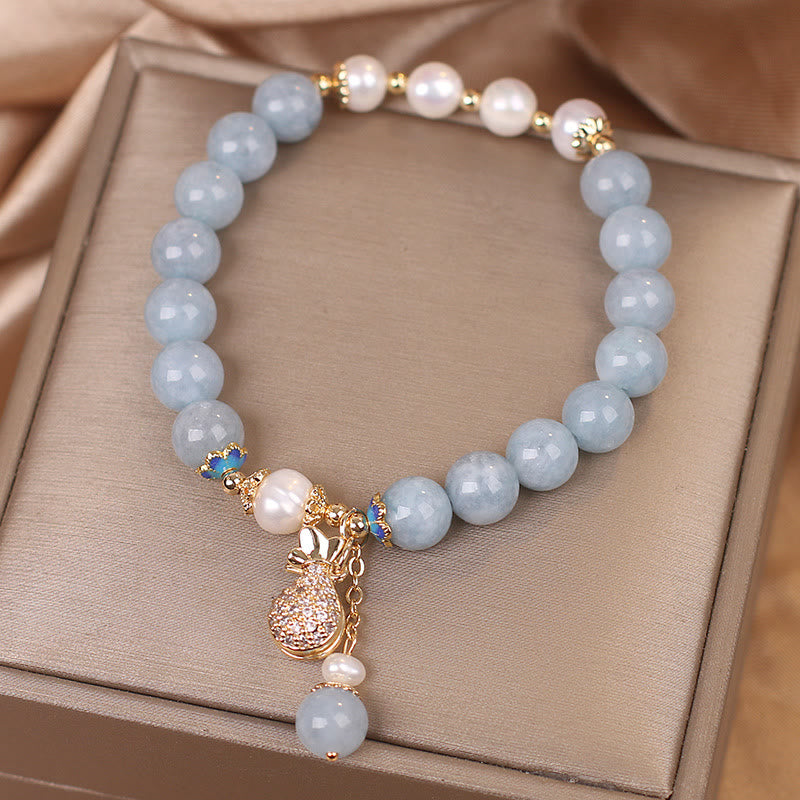 Nimara Ritual Aquamarine Pearl Fortune Money Bag Charm Bracelet