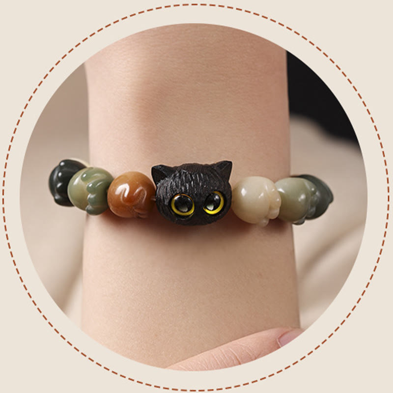 Nimara Ritual Natural Bodhi Seed Lovely Paw Ebony Wood Lucky Cat Wisdom Bracelet