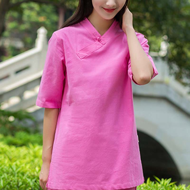 Nimara Ritual 2Pcs Half Sleeve V-Neck Shirt Top Pants Meditation Zen Tai Chi Linen Clothing Women's Set