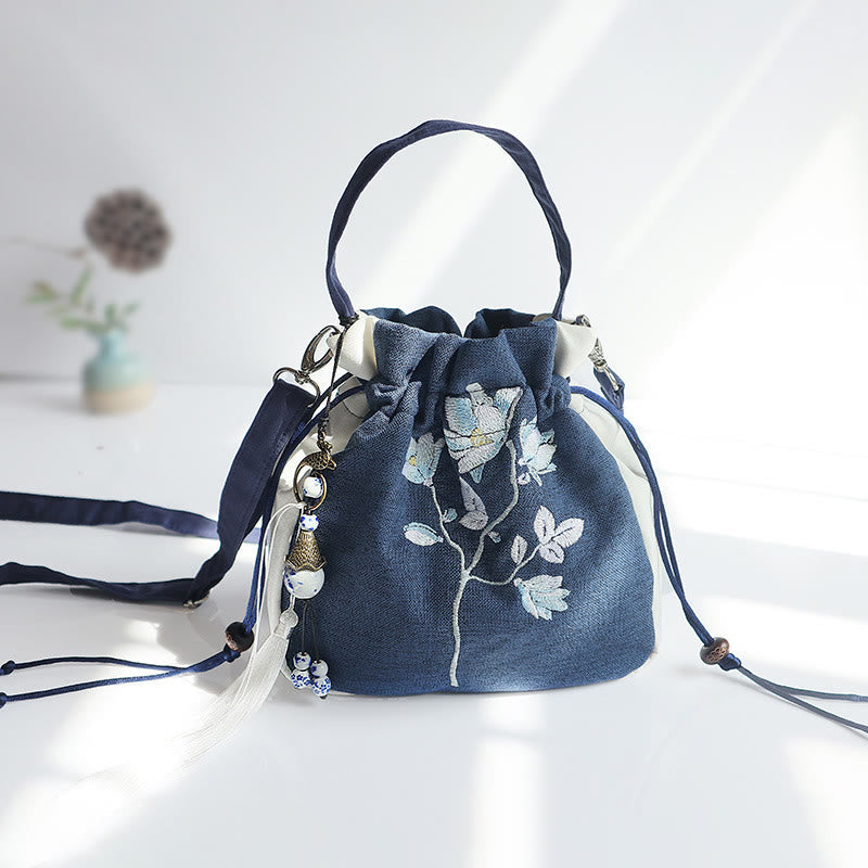 Nimara Ritual Handmade Embroidered Flowers Canvas Tote Shoulder Bag Handbag