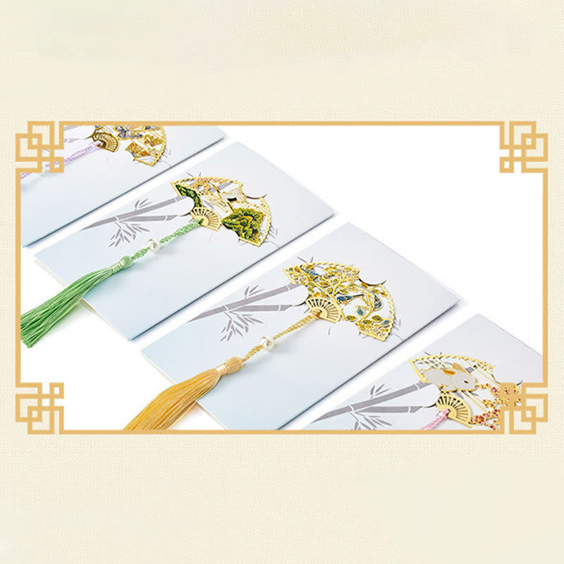 Nimara Ritual Traditional Butterfly Lotus Flower Crane Dragon Phoenix Fox Koi Fish New Beginning Metal Brass Hollow Fan Bookmarks