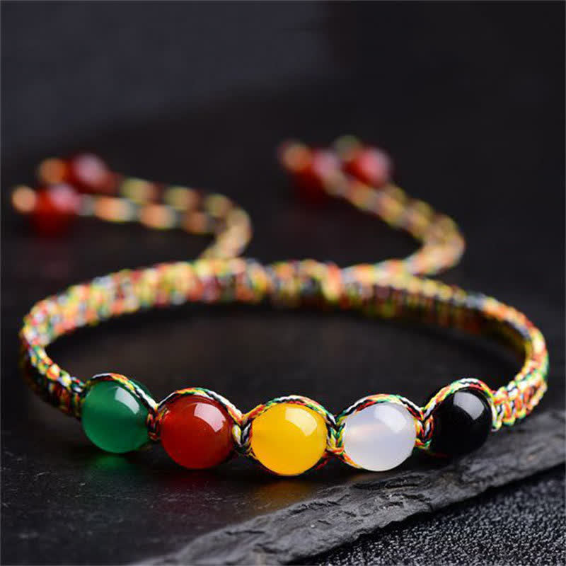 Nimara Ritual Colorful Agate Metal Wood Water Fire Earth Five Elements String Bracelet