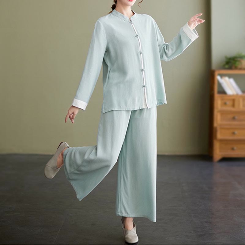 Nimara Ritual 2Pcs Tang Suit Long Sleeve Shirt Top Pants Meditation Zen Tai Chi Cotton Linen Clothing Women's Set