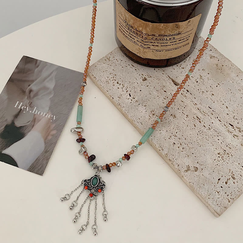 Nimara Ritual Tibetan Crystal Stone Copper Luck Tassel Necklace Pendant