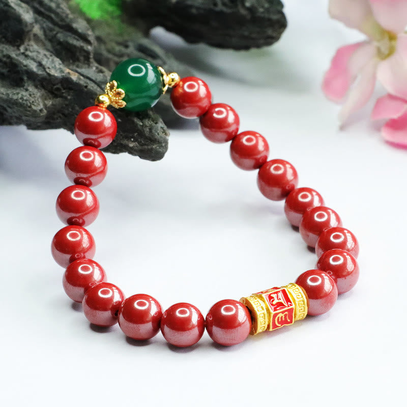 Nimara Ritual Natural Cinnabar Green Agate Om Mani Padme Hum Pattern Blessing Bracelet