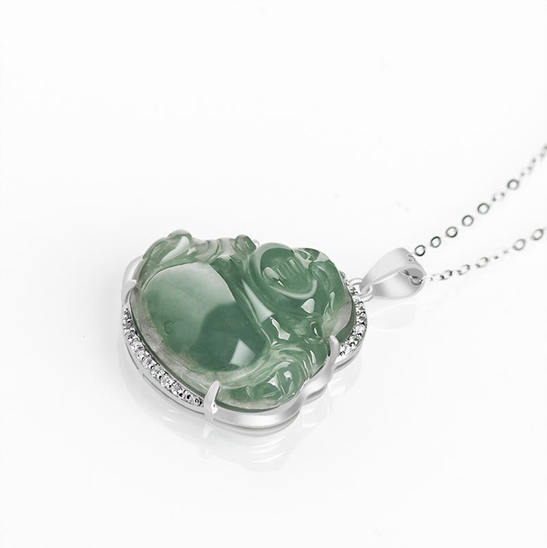 Nimara Ritual Laughing Buddha Natural Jade Luck Prosperity Necklace Titanium Steel Chain Pendant
