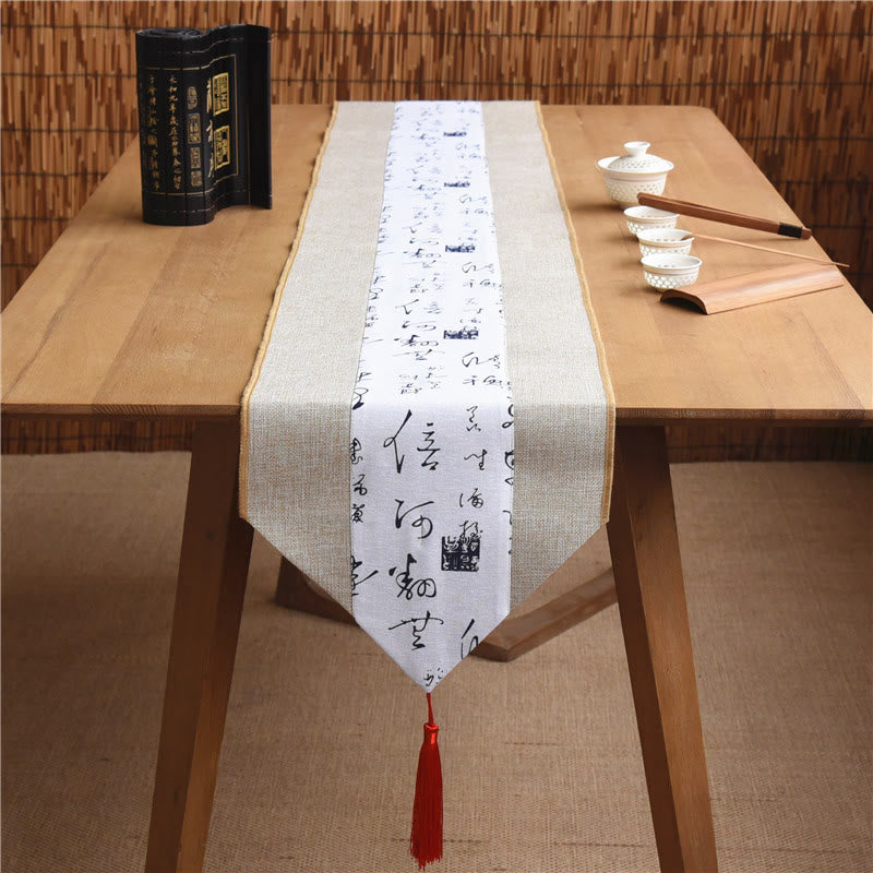 Nimara Ritual Classic Chinese Style Lotus Koi Fish Flower Crane Calligraphy Enlightenment Cotton Linen Tassels Table Runner