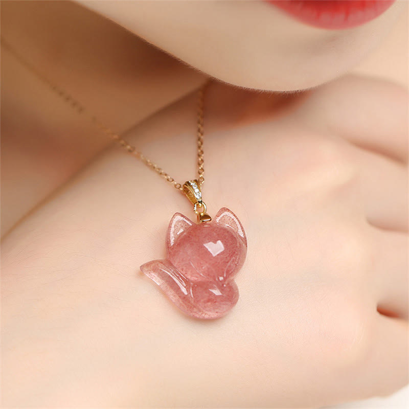 Nimara Ritual 925 Sterling Silver Plated 14k Gold Strawberry Quartz Fox Healing Necklace Pendant
