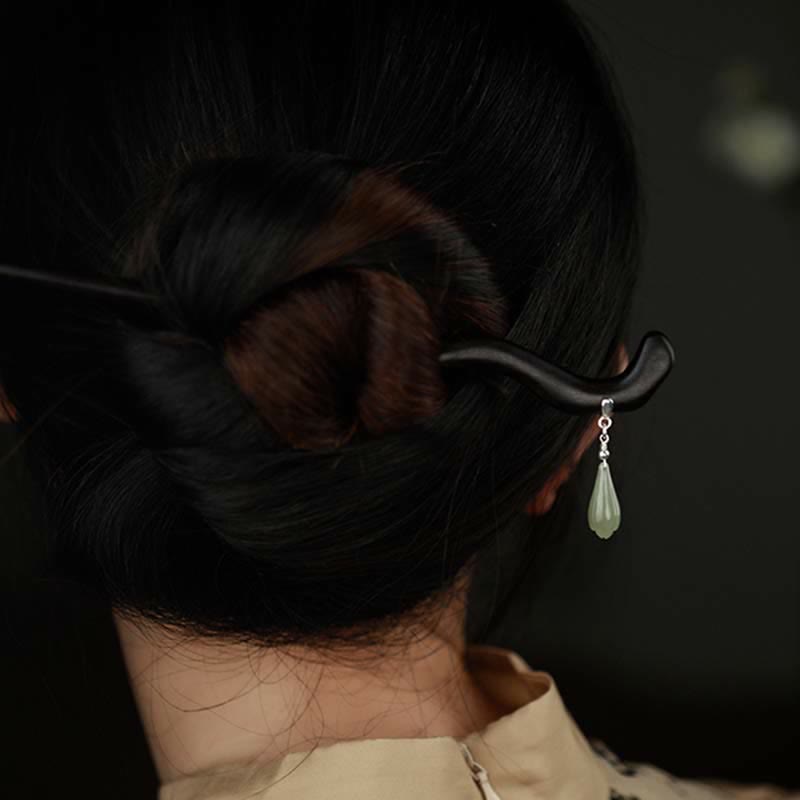 Nimara Ritual 925 Sterling Silver Natural Hetian Jade Ebony Wood Luck Charm Hairpin