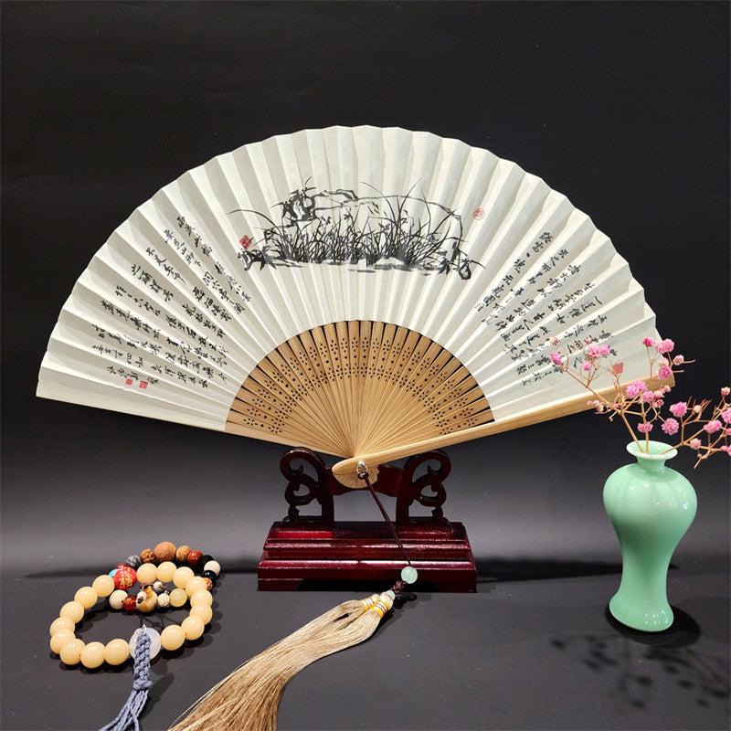 Nimara Ritual A Panorama Of Rivers And Mountains Cranes Orchid Flower Paper Bamboo Handheld Silk Bamboo Folding Fan 22cm