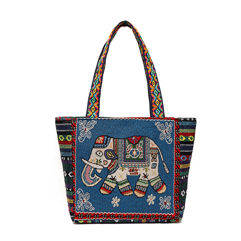 Nimara Ritual Elephant Butterfly Embroidered Large Capacity Canvas Tote Bag Shoulder Bag
