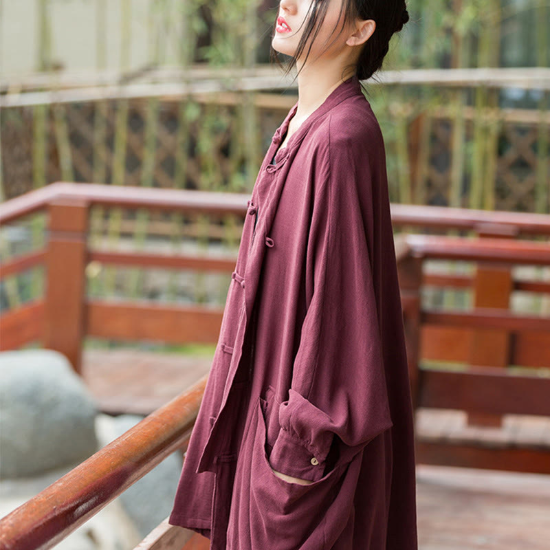 Nimara Ritual Frog-Button Long Sleeve Zen Meditation Open Front Jacket With Pockets