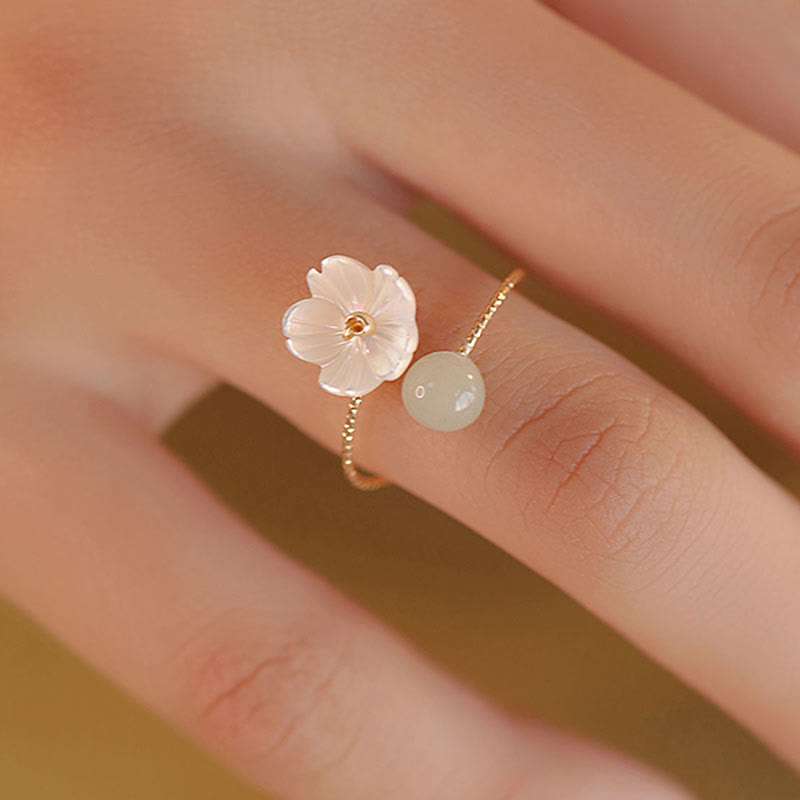 Nimara Ritual 14k Gold Plated Round Hetian Jade Tridacna Stone Peach Blossom Flower Butterfly Prosperity Adjustable Ring