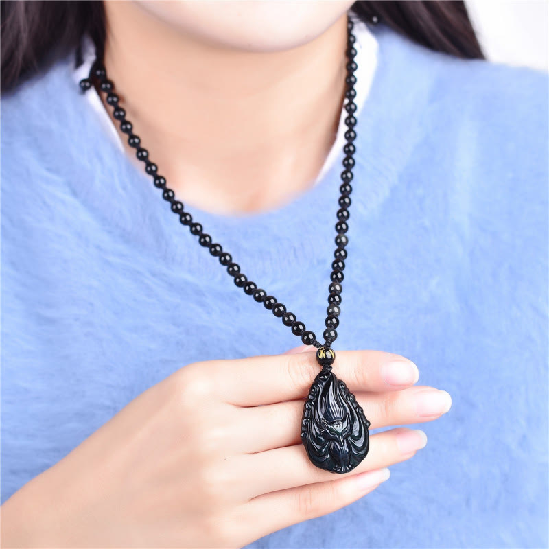 Nimara Ritual Natural Rainbow Obsidian Nine Tailed Fox Inner Peace Necklace Beaded String Pendant