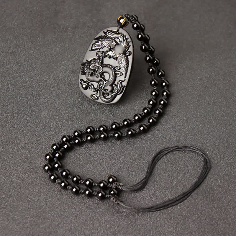 Nimara Ritual Black Obsidian Tiger Eye Dragon Phoenix Protection Beaded Necklace Pendant