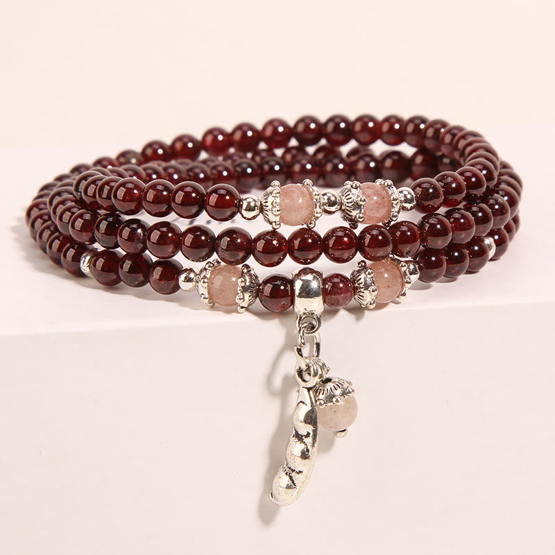 Nimara Ritual Natural Garnet Strawberry Quartz Green Beans PiXiu Protection Triple Wrap Bracelet