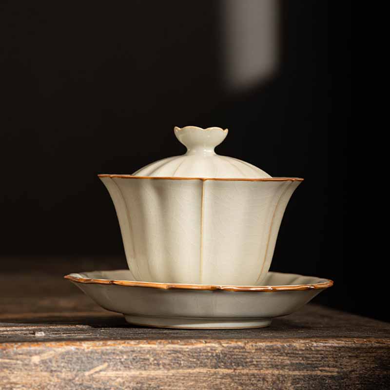 Nimara Ritual Beige Plum Blossom Shape Peach Branch Ceramic Gaiwan Sancai Teacup Kung Fu Tea Cup With Lid