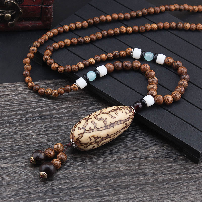 Nimara Ritual Tibetan Wenge Wood Bodhi Seed Agate Elephant Protection Necklace Pendant