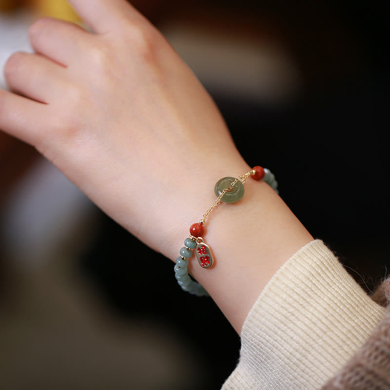 Nimara Ritual Natural Hetian Jade Red Agate Peace Buckle Lucky Fortune Bracelet