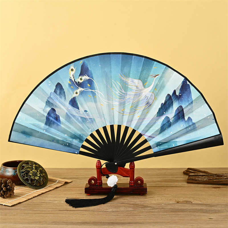 Nimara Ritual Vintage Phoenix Nine Tailed Fox Flower Bamboo Tiger Handheld Folding Fan Lotus Tassel Fan