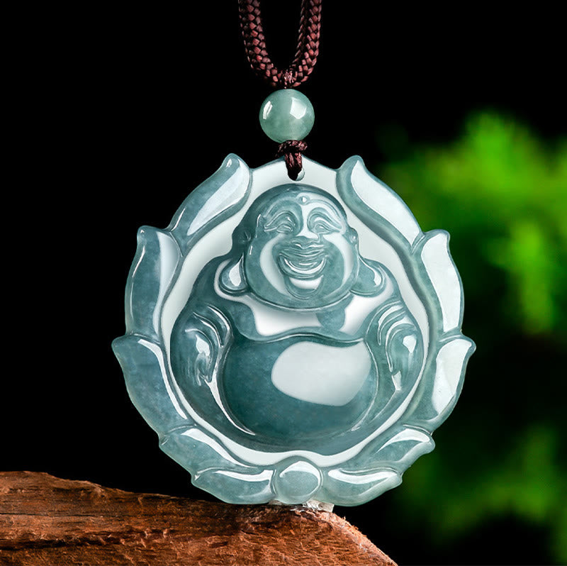 Nimara Ritual Natural Jade Laughing Buddha Lotus Pattern Luck Necklace Pendant