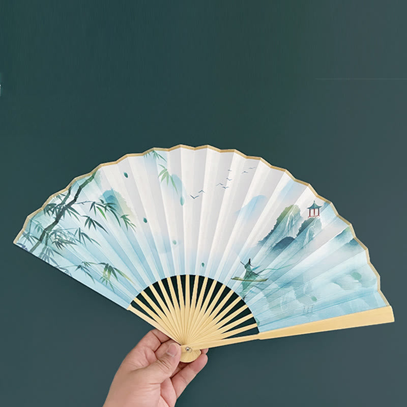 Nimara Ritual Retro Lotus Flower Leaf Mountain Lake Handheld Folding Fan With Bamboo Frames