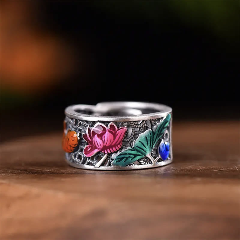 Nimara Ritual Copper Blue Enamel Lotus Heart Sutra Koi Fish Luck Ring