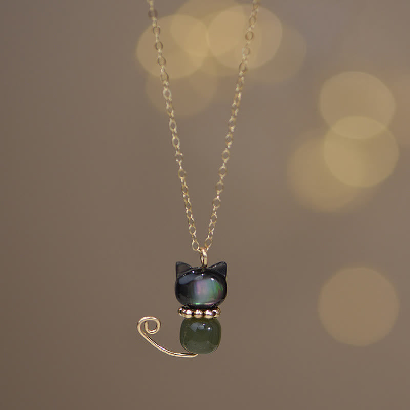 Nimara Ritual 14K Gold Plated Pearl Hetian Jade Shell Luck Cat Kitten Necklace Pendant