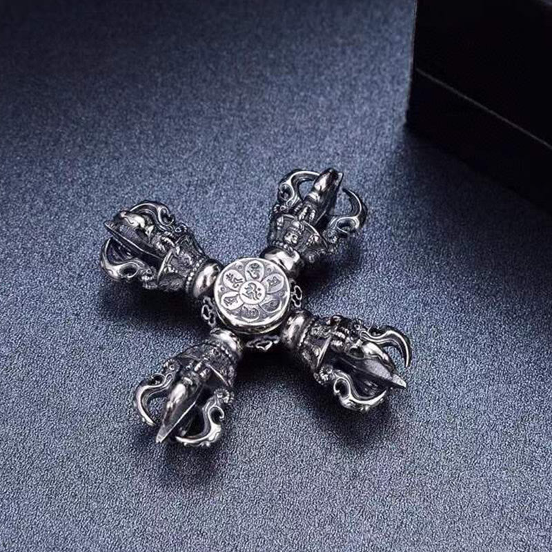 Nimara Ritual Tibetan 925 Sterling Silver Double Dorje Vajra Engraved Spiritual Power Pendant