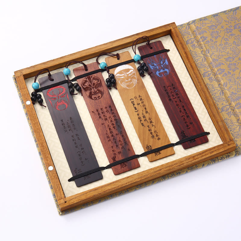 Nimara Ritual 4Pcs Four Seasons Plum Orchid Bamboo Chrysanthemum Peking Opera Mask Wood Bookmarks With Gift Box