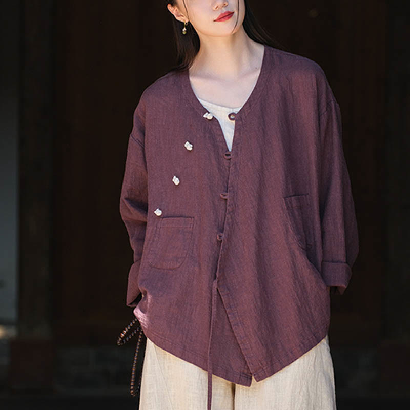 Nimara Ritual Solid Color Ramie Linen Loose Blouse Long Sleeve Shirt Chinese Hanfu Top