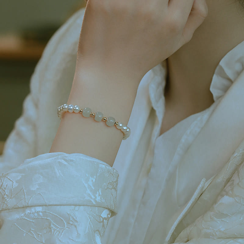 Nimara Ritual 14K Gold Plated Natural Pearl Hetian Cyan Jade White Jade Sincerity Bead Chain Bracelet