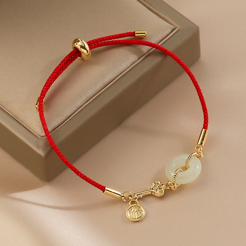 Attract Good Luck Hetian Jade Peace Buckle Red Rope Fortune Bracelet