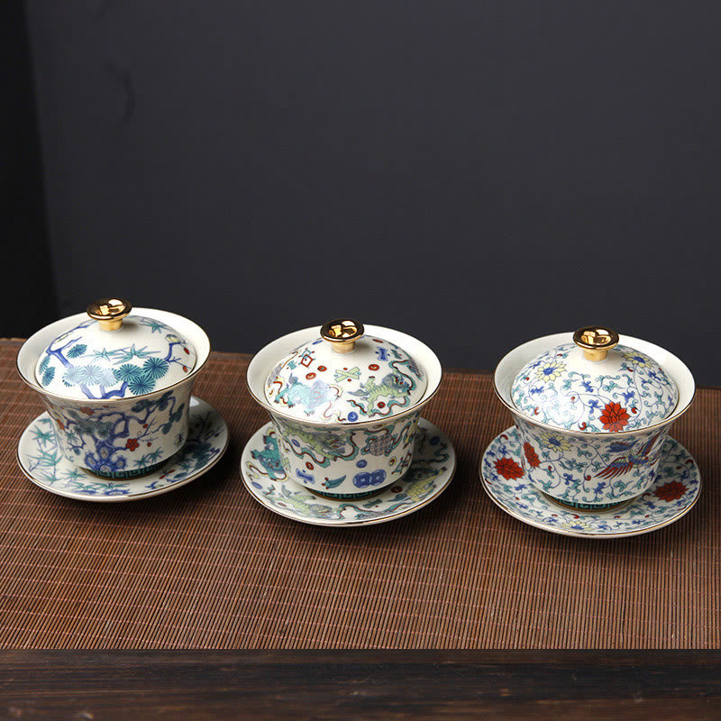 Nimara Ritual Retro Plum Blossom Pine Bamboo Phoenix Kirin Ceramic Gaiwan Sancai Teacup Kung Fu Tea Cup and Saucer with Lid