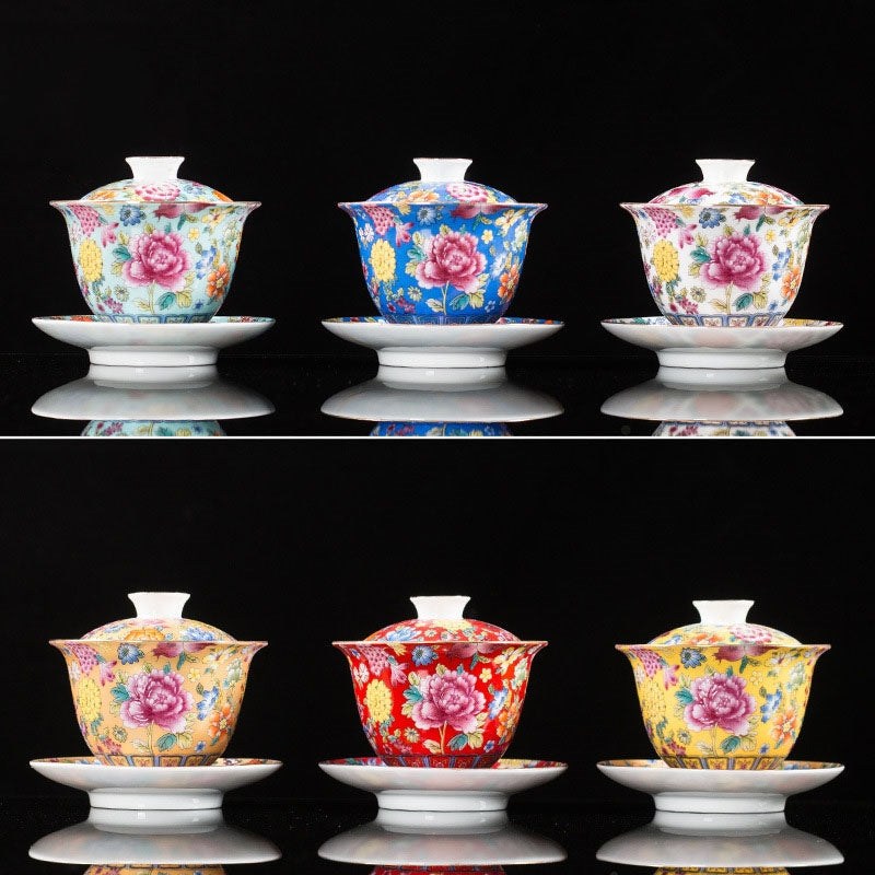 Nimara Ritual Peony Flowers Ceramic Gaiwan Sancai Teacup Kung Fu Tea Cup And Saucer With Lid