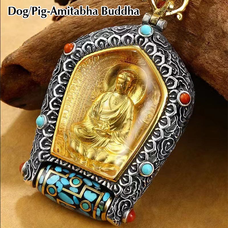 Nimara Ritual Tibet Chinese Zodiac Natal Buddha Thangka Prosperity Rotatable Dzi Bead Necklace Pendant