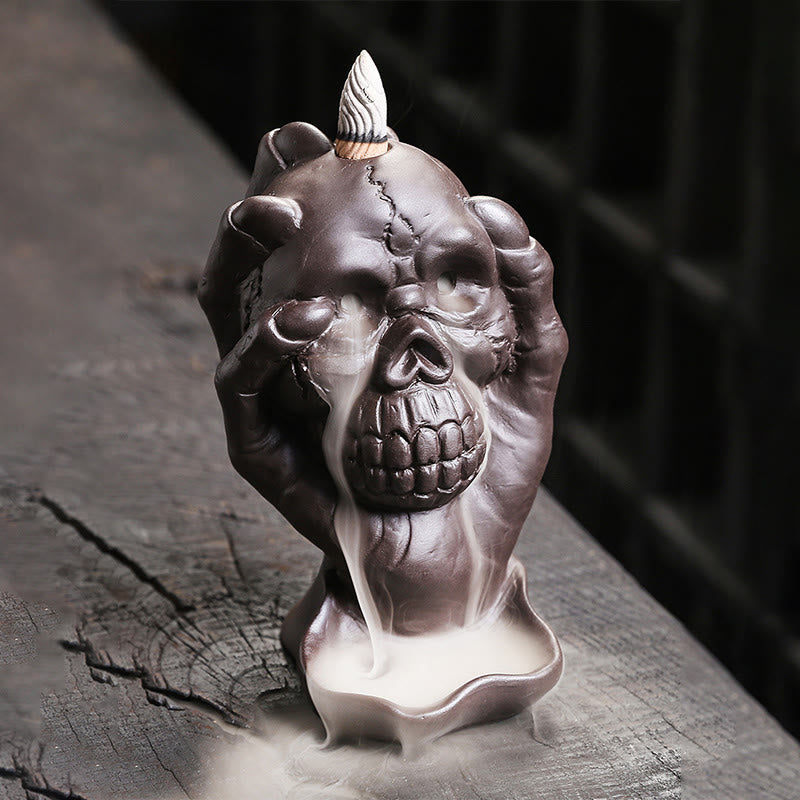 Nimara Ritual Halloween Skull With Ghost Hand Purple Clay Spiritual Incense Burner Decoration