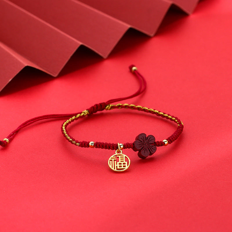 Nimara Ritual Cinnabar Flower Fu Character Blessing Braided String Bracelet