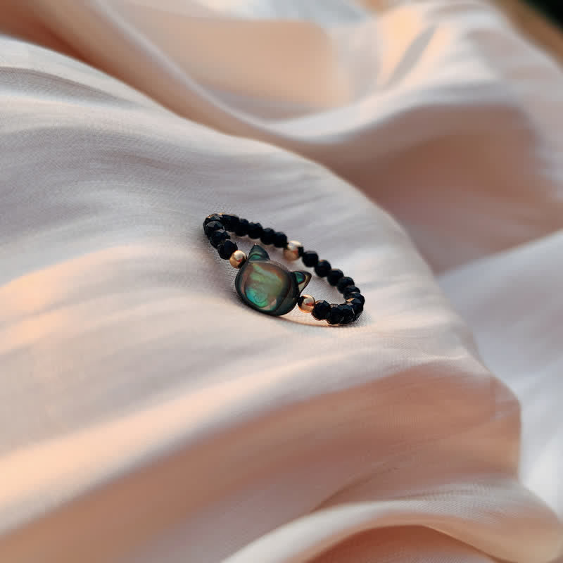 Nimara Ritual Natural Tridacna Stone Lovely Cat 14K Gold Plated Blessing Ring