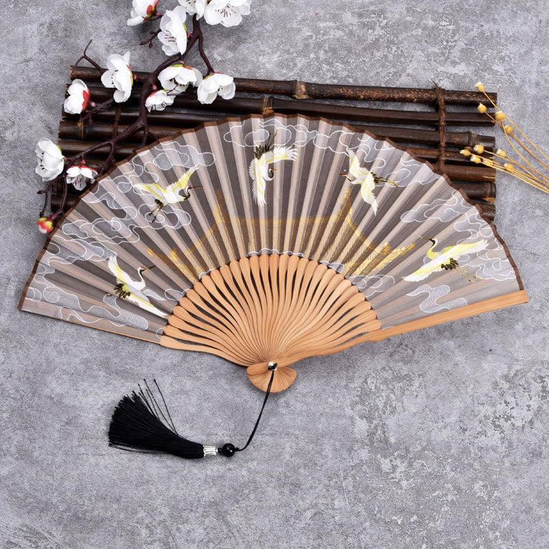 Nimara Ritual Vintage Cloud Crane Pattern Handheld Bamboo Folding Fan