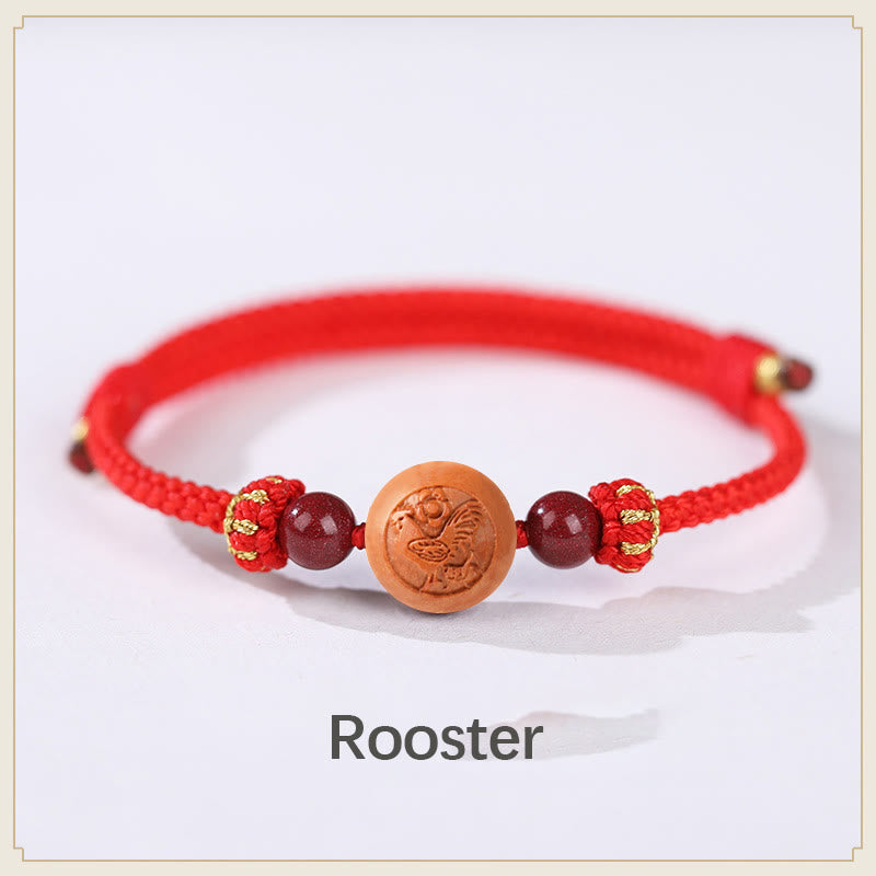 Nimara Ritual Natural Peach Wood Chinese Zodiac Fu Character Carved Cinnabar Wealth Bracelet