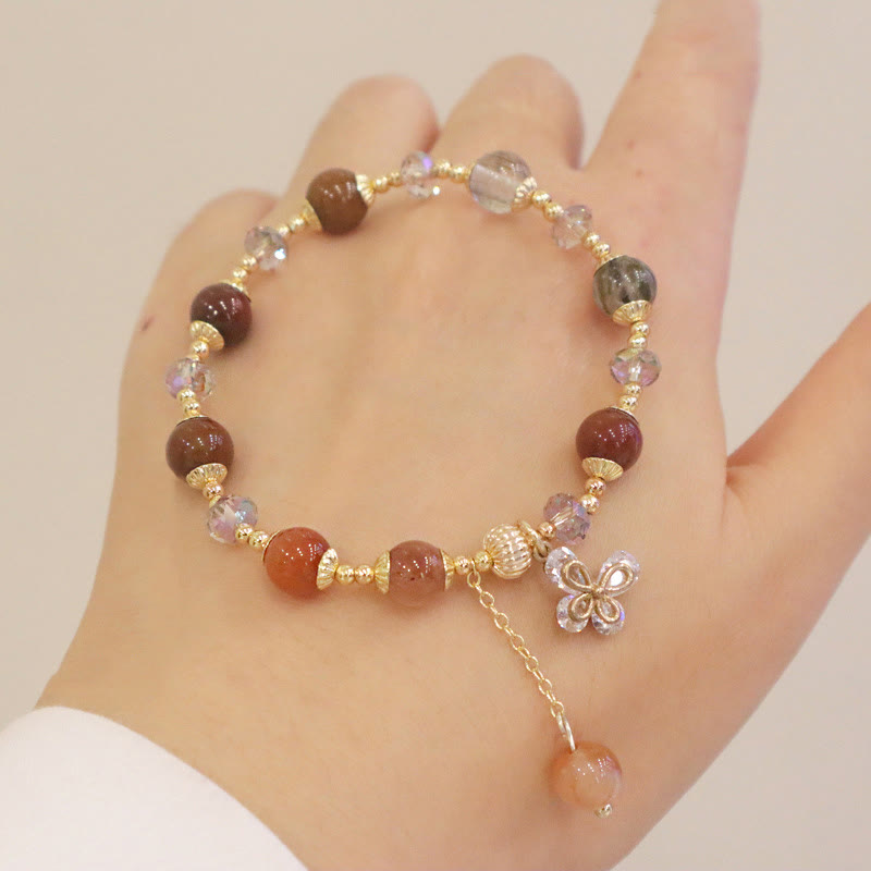 Nimara Ritual Natural Fu Lu Shou Rainbow Crystal Rutilated Quartz Wealth Butterfly Charm Bracelet