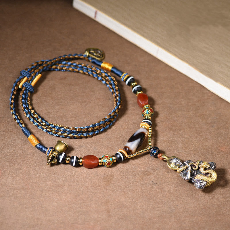 Nimara Ritual Handmade Buddha Snake Skull Head Dzi Bead Serenity Rope Necklace Pendant