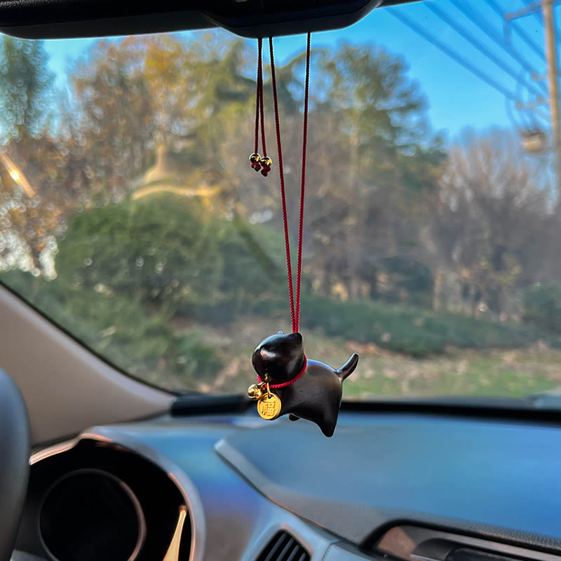 Nimara Ritual Ebony Wood Green Sandalwood Lucky Cat Fu Character Lucky Fortune Bell Balance Car Hanging Decoration